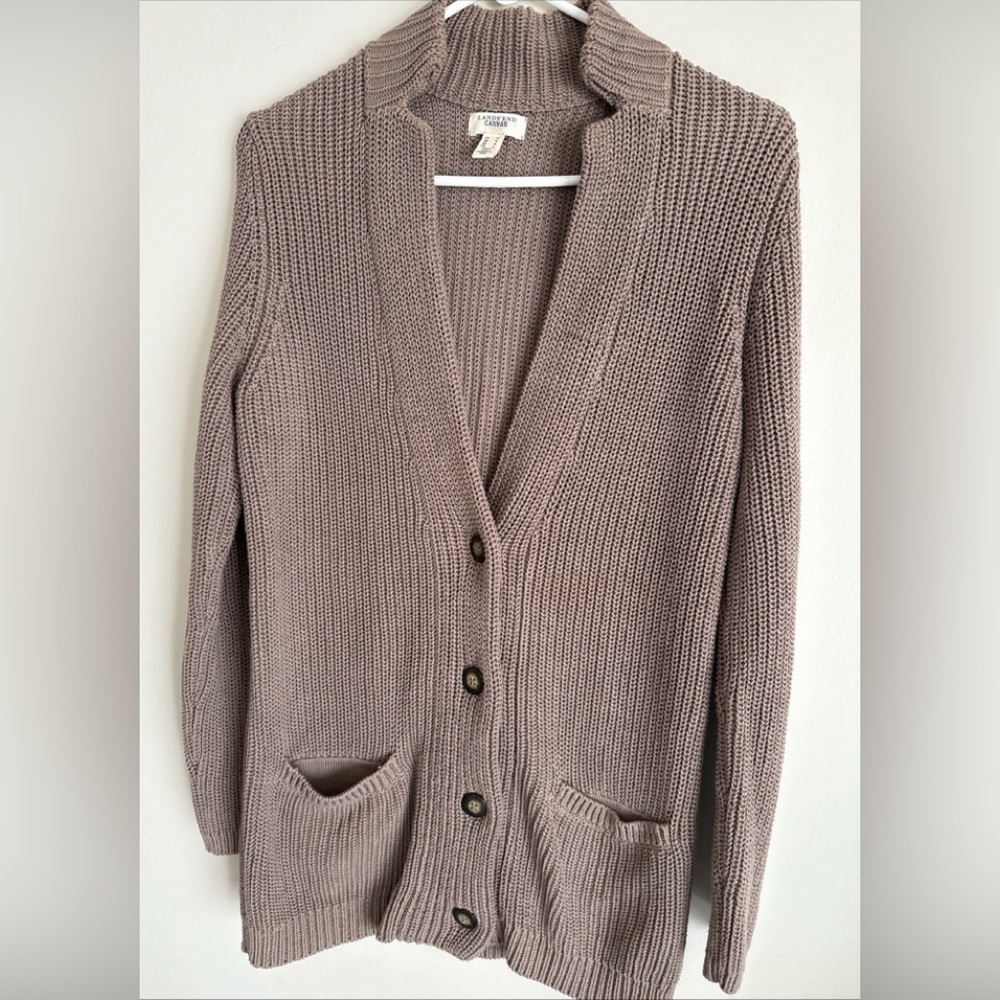 Womens lands end canvas 1963 heavy sweater cardigan taupe brown Medium oversized